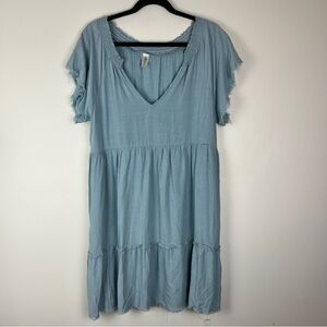 MAHINA Hawaii Blue Tiered Raw Hem Boho Mini Dress size Medium
